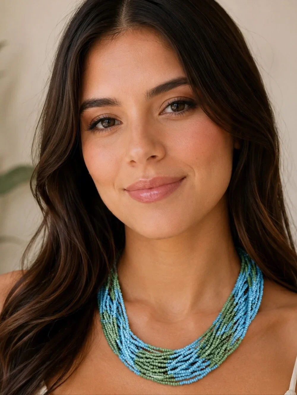 Large Multi Strand Blue & Green Seed Bead Statement Piece Boho Beaded Necklace